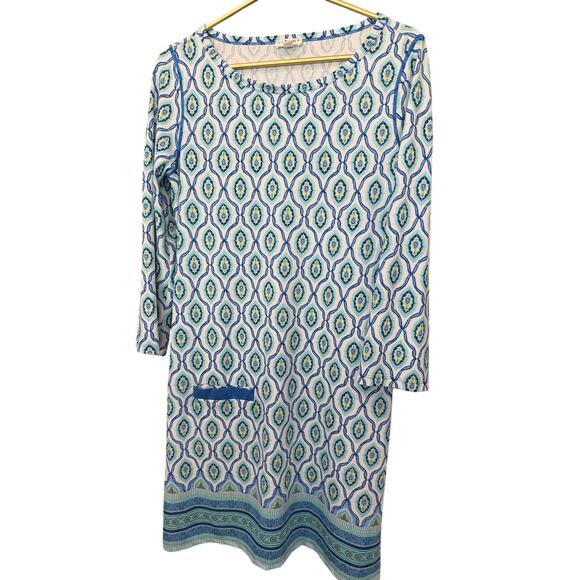 Cabana Life Long Sleeve Knee Length Dress White Turquoise Blue Pocket Sz L EUC - Picture 2 of 7